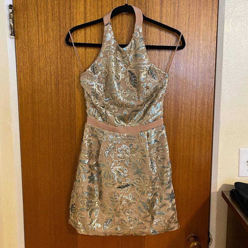 Dress the Population Beige Floral Abbie Halter Mini Dress - Small